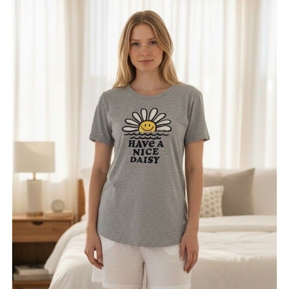 New! Life is Good Sleep Shirt Top Have A Nice Daisy Women's Small Gray & Navy